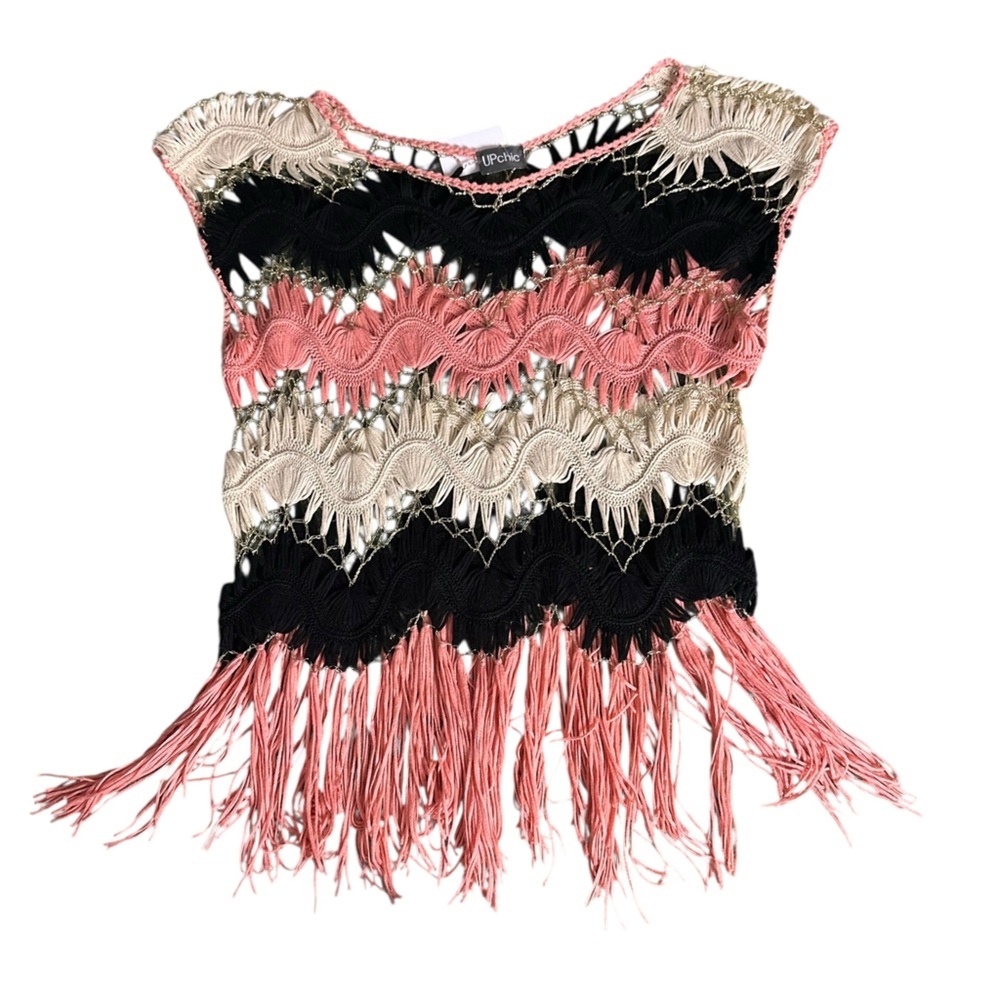 Upchic knit fringe top, coral and gold, large
